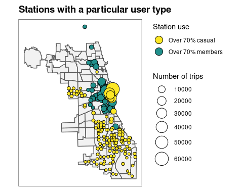 Map of bike stations with high proportions of member or casual user showing distinct geographical differences